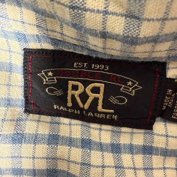 Double RL Ralph Lauren Short Sleeve Blue & White Check  Linen Blend Size Large - Picture 3 of 15